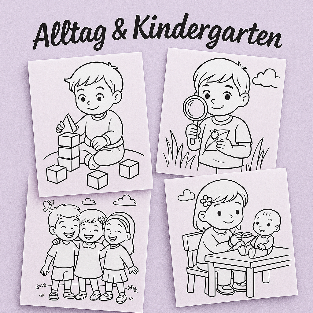Kostenlose Ausmalbilder zum Kindergarten-Alltag: spielende, lernende und neugierige Kinder in Alltagssituationen