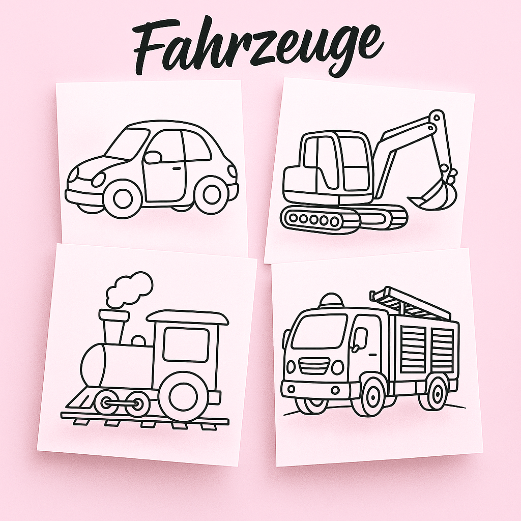 Kostenlose Ausmalbilder mit Fahrzeugen wie Auto, Bagger, Zug und Feuerwehrauto für Kinder zum Ausdrucken