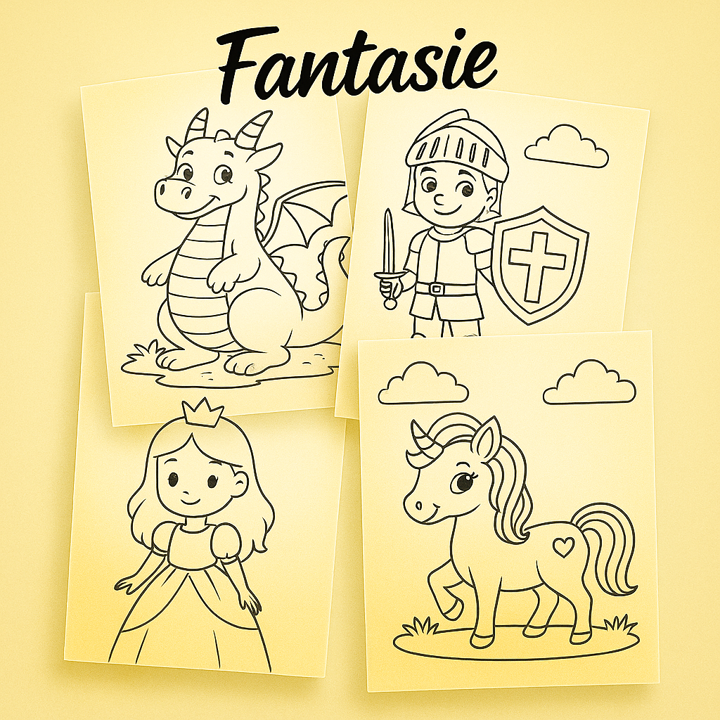 Kostenlose Ausmalbilder mit Fantasiefiguren wie Drache, Einhorn, Prinzessin und Ritter – ideal für Kinder