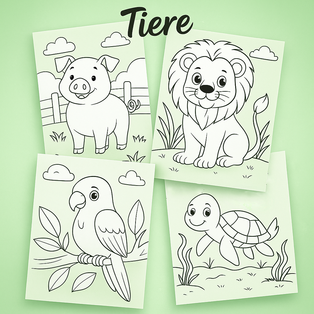 Kostenlose Ausmalbilder mit Tieren: Schwein, Löwe, Papagei und Schildkröte für Kinder zum Ausdrucken